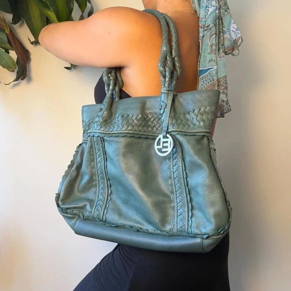 Elliott Lucca Teal Leather Braided Hobo Bag Scalloped Boho Tote